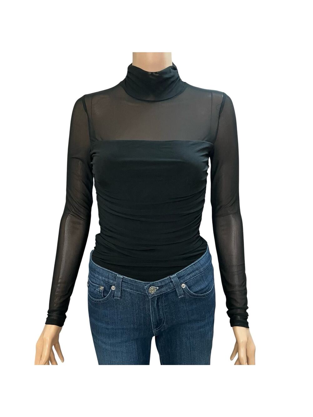 Reoria Mesh Bodysuit Small Black Long Sleeve Mock Neck Ruched Semi Sheer